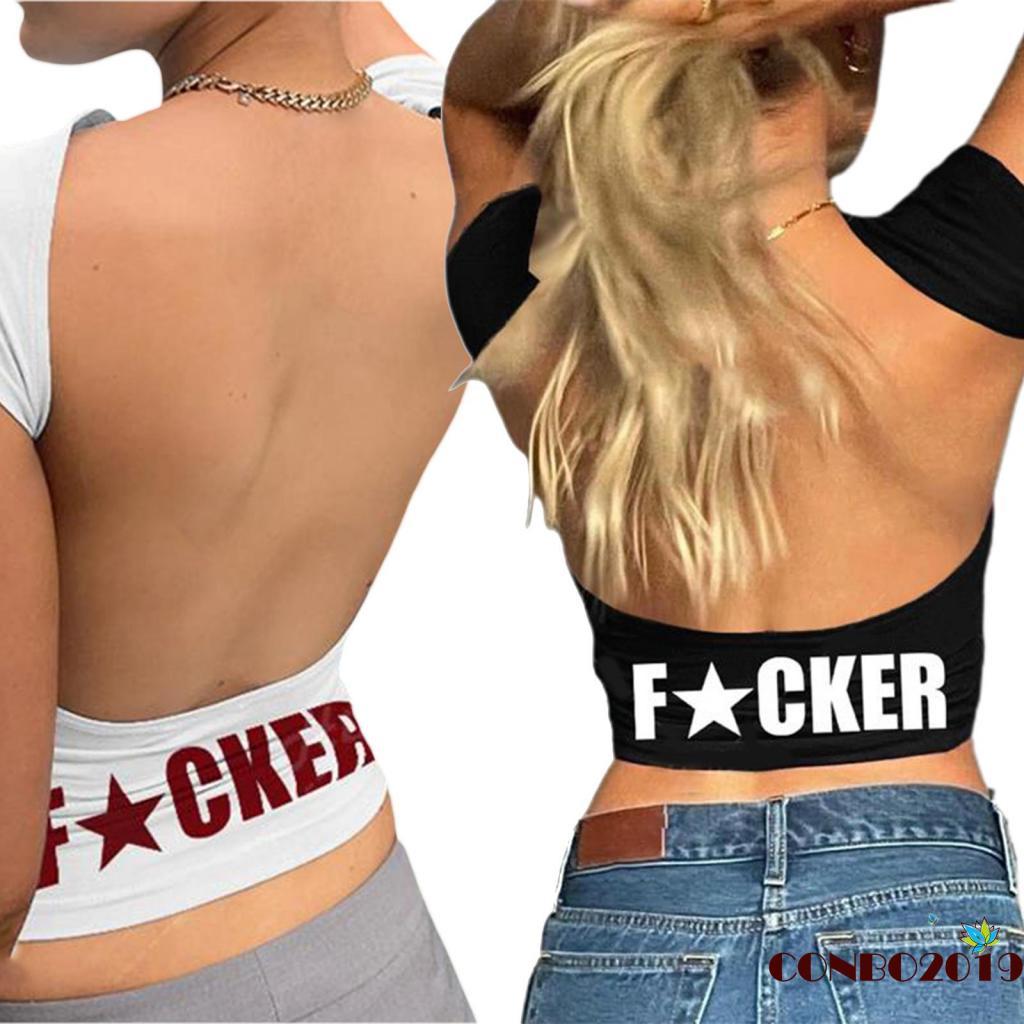 Áo Thun Crop Top Tay Ngắn Hở Lưng Ôm Dáng In Chữ Thời Trang Mùa Hè Dành Cho Nữ