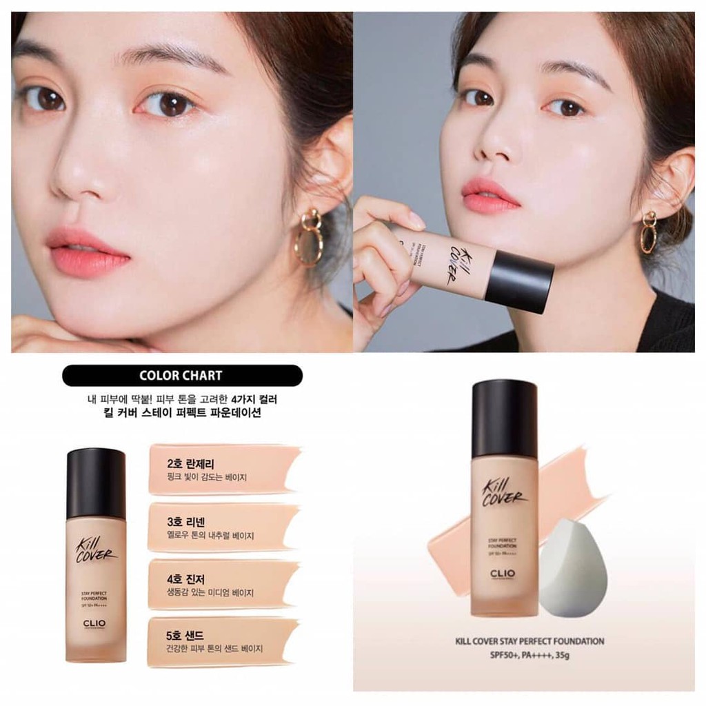 Kem Nền Trang Điểm Clio Kill Cover Stay Perfect Foundation Spf50+, Pa++++ 35g