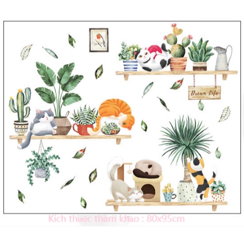 Decal trang trí tường - Những chú mèo phá trên kệ chậu cây