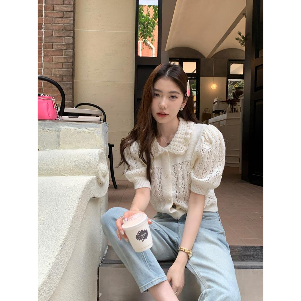Áo Dệt Kim Cộc Tay Khoét Lỗ Màu Trắng Ngọt Ngào 61826