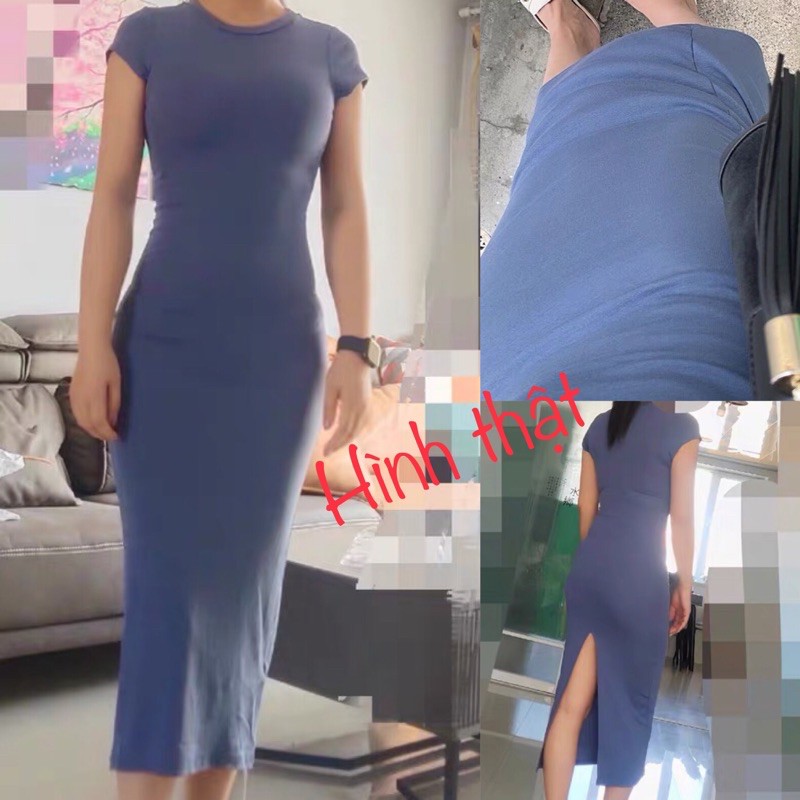 Váy body xẻ sau tay ngắn. Đầm thun ôm body cá tính