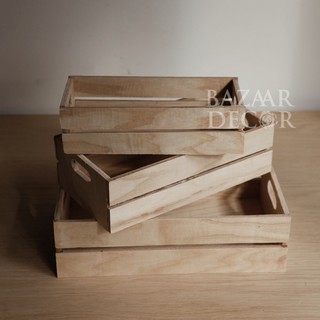 Bộ 3 khay gỗ ép mini có tay cầm màu tự nhiên