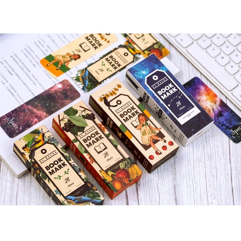 Hộp 28 thẻ đánh dấu trang sách họa tiết bầu trời sao/trái cây kiểu retro sáng tạo tiện lợi