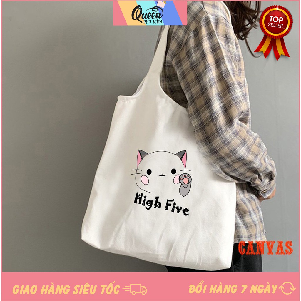 Túi Tote Trắng Vải Canvas Trắng Phong Cách Hàn Quốc 508 1029 High Five Dễ Thương Đeo Đi Học Cực Xinh