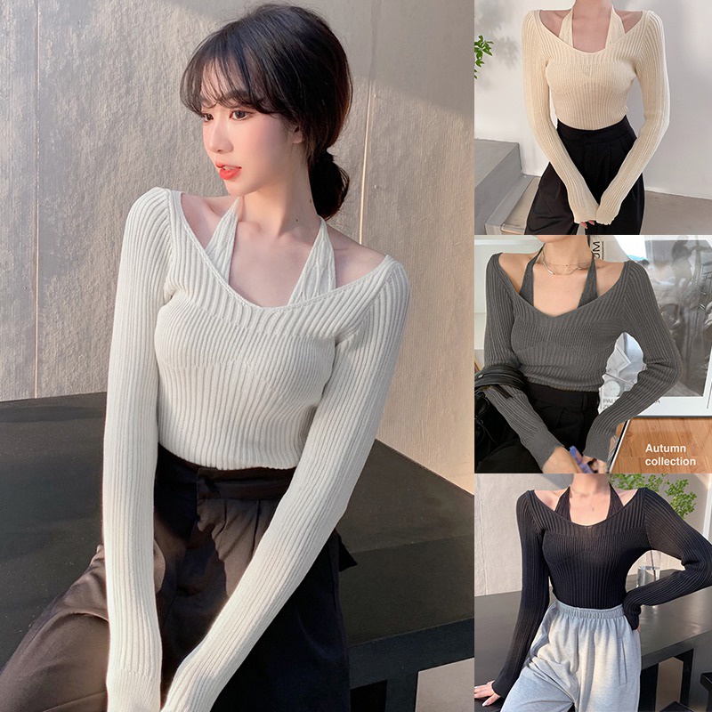 Áo Sweater Dệt Kim Tay Dài Trễ Vai Dáng Rộng Thời Trang Cho Nữ