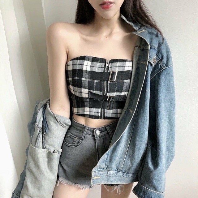 Áo quây tubetop “croptop” kẻ caro