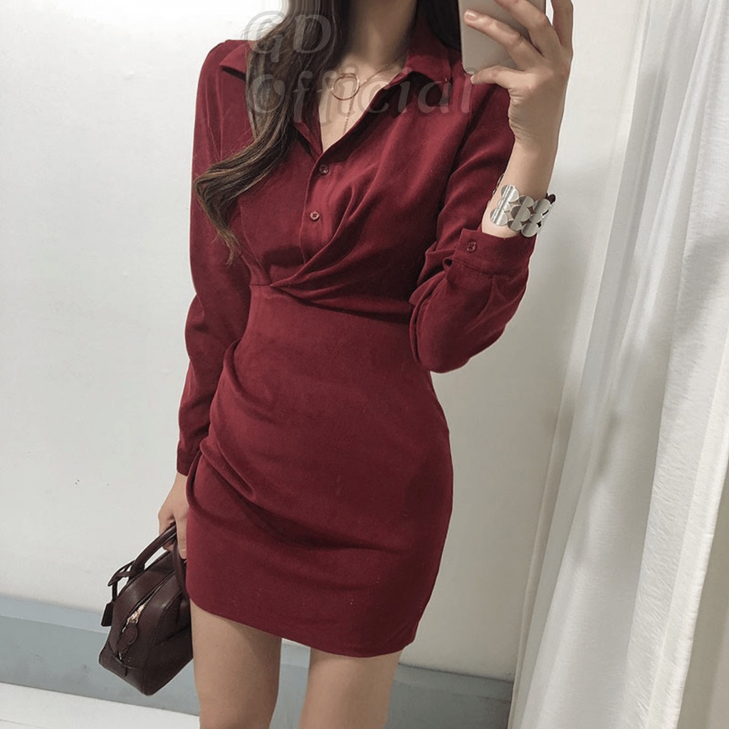 D2|Đầm sơ mi nữ thắt eo kiểu pháp chất nhung công sở, dạ tiệc gd_order