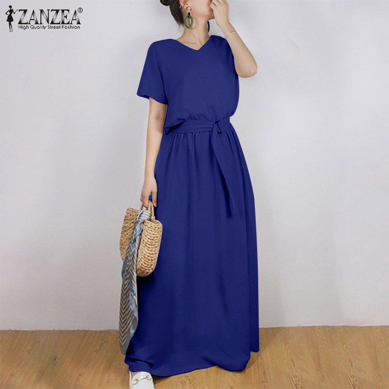 Zanzea Đầm Dài Tay Ngắn Cổ Chữ V Form Rộng Thời Trang Cho Nữ