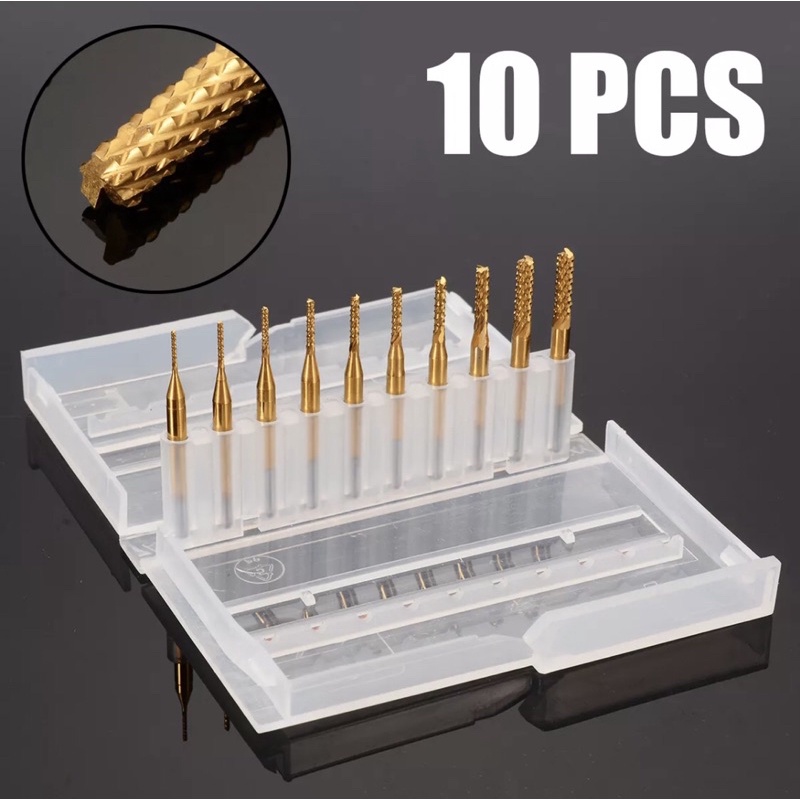 ✅Bộ 10 mũi phay mài titan 0.8-3.175mm. trục 3.15mm/1/8inch. dùng cho máy phay,máy cnc