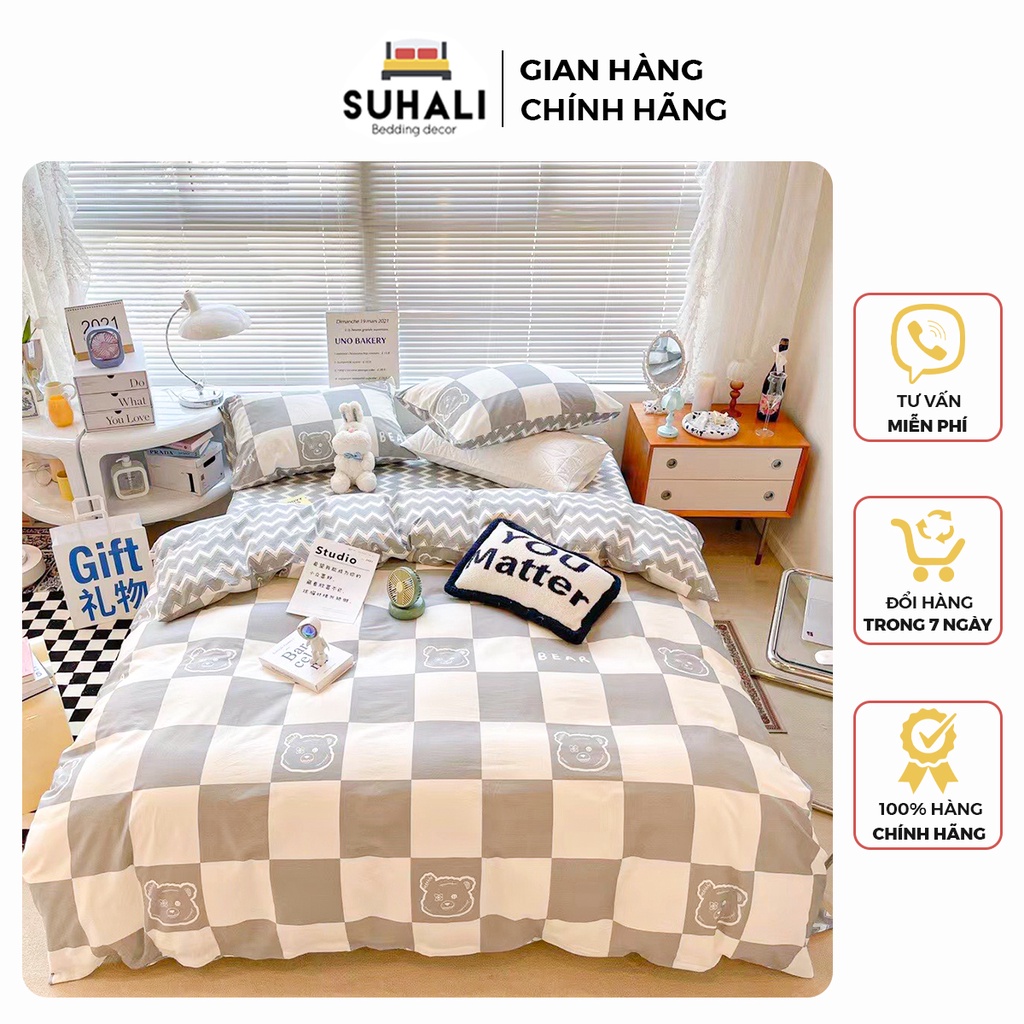 Bộ chăn ga giường 100% cotton SUHALI mềm mịn, thoáng mát, thấm hút mồ hôi gồm vỏ chăn, ga giường và 2 vỏ gối