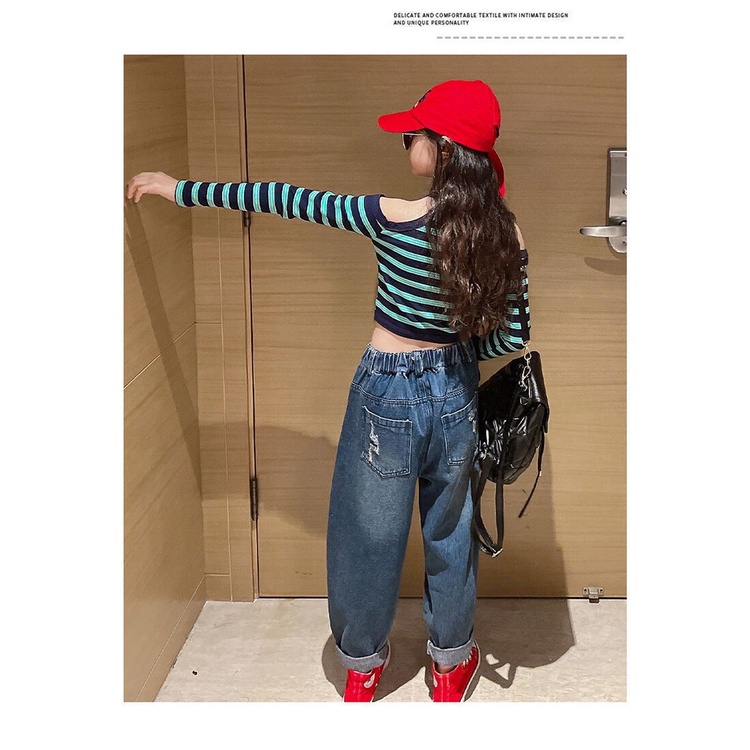 Gmn Set Áo Thun Tay Dài Hở Vai Phối Quần Jean Rách Thời Trang Mùa Thu Cho Bé Gái