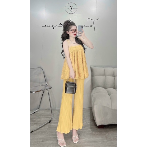 HÀNG CAO CẤP Set Áo Dây Ren Babydoll Cao Cấp Kèm Quần Dập Ly Xuông