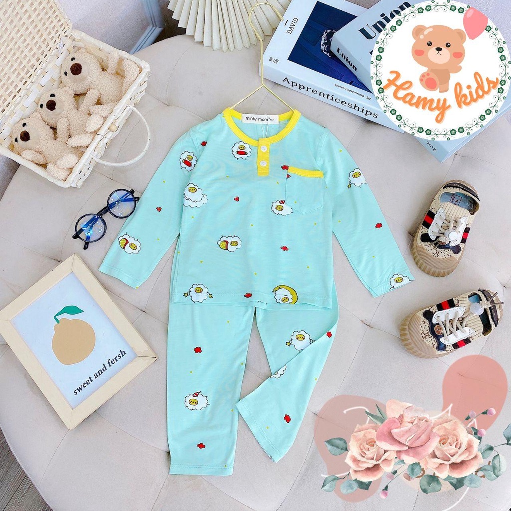Bộ Minky Mom Chính Hãng Tay Dài Quần Dài Bé Trai Bé Gái Thun Lạnh Cổ Trụ Và Túi Thật Cho Bé 0-5 Tuổi Dưới 20kg-Hamykids
