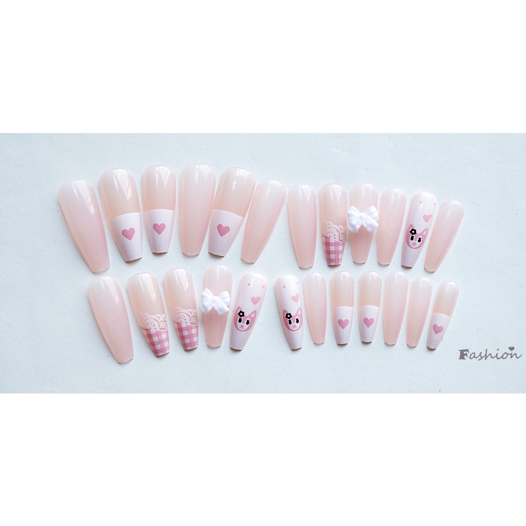 Bộ 24 Móng Tay Giả Đầu Nhọn Dài Đính Nơ &amp; Trái Tim