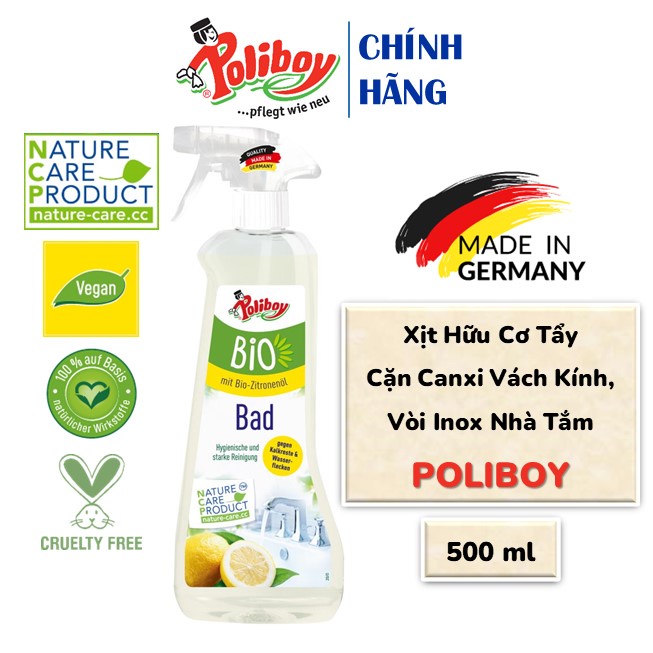 Xịt Tẩy Cặn Canxi, Cặn Vôi, Chống Ăn Mòn Inox Hữu Cơ POLIBOY Làm Sạch Vách Kính Tắm, Vòi Rửa, Vòi Sen 500ml