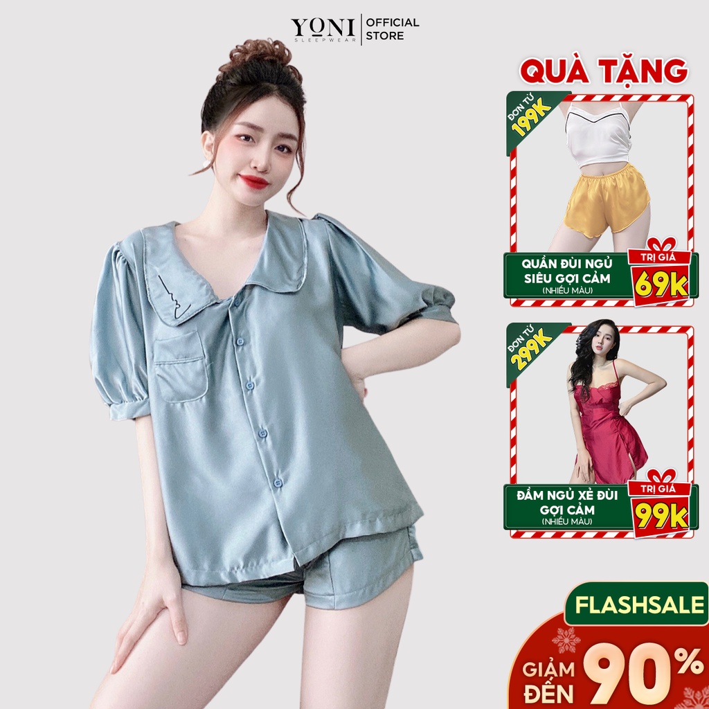 Đồ ngủ tiểu thư tay ngắn cổ thêu, chất liệu lụa satin cao cấp mềm mịn, freesize 40-60kg tùy chiều cao YONI038