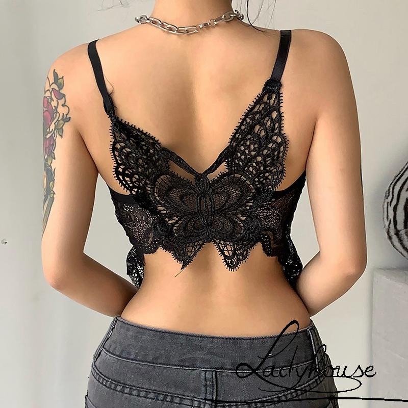 Áo tank top hai dây phối ren họa tiết bướm hở lưng có thể điều chỉnh thời trang mùa hè cho nữ