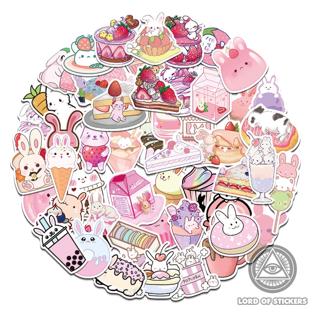 Set 50 Nhãn Dán Sticker Họa Tiết Hoạt Hình Màu Hồng Thỏ Cute Chống Thấm Nước Trang Trí Mũ Bảo Hiểm, Điện Thoại, Laptop