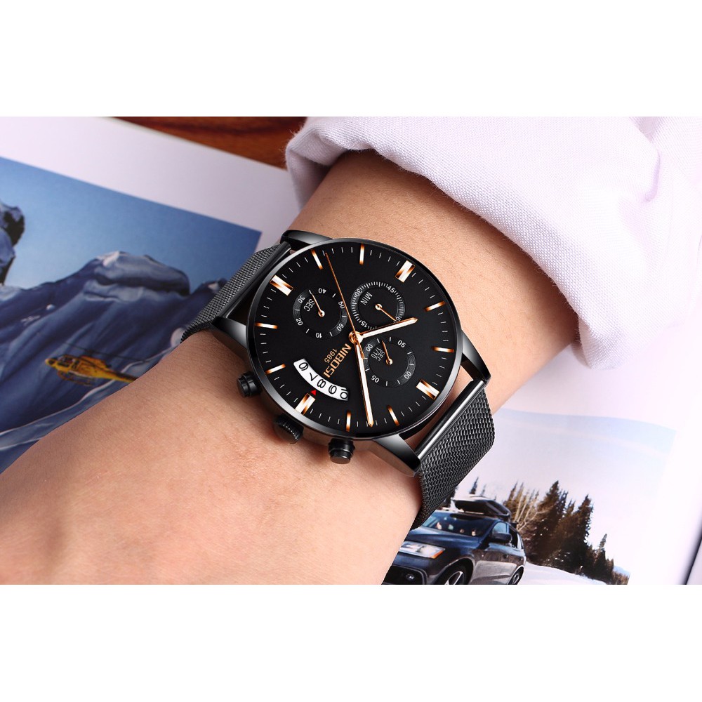 Đồng hồ nam Nibosi 1985 NI2309 DÂY LƯỚI chạy 6 kim - Full Đen kim vàng | BigBuy360 - bigbuy360.vn