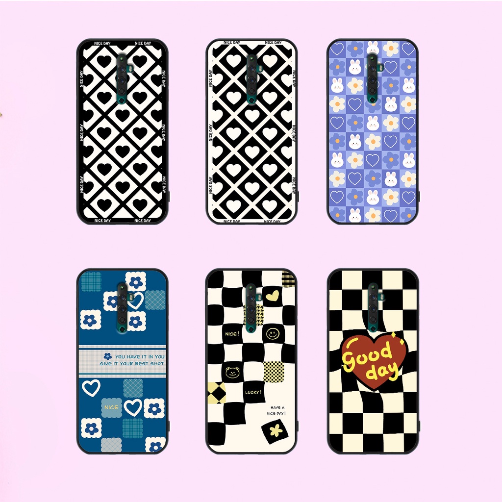 Ốp lưng Oppo Reno 2 / Reno2 F - Reno 2f in hoạ tiết caro trái tim đen trắng, gấu bear cute đáng yêu