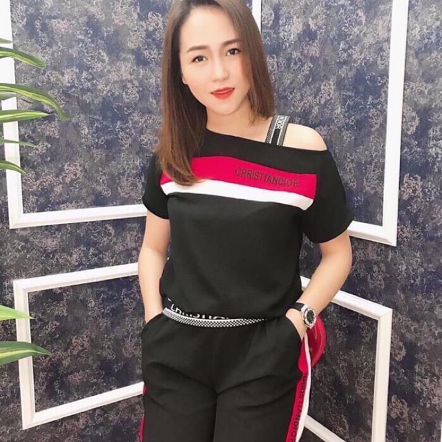 Bộ mặc nhà đũi lệch vai, bộ đồ ngủ nữ