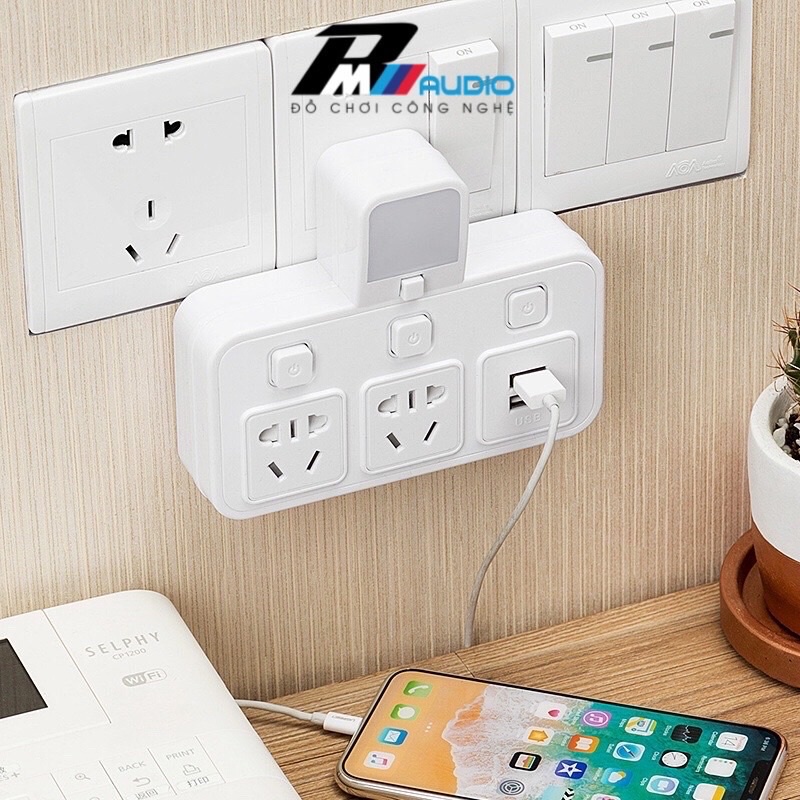 Ổ cắm điện thông minh-đa năng không dây-3 chấu.Tích hợp 2 cổng USB 2.0 và đèn ngủ thông minh tiện dụng-BMVAUDIO