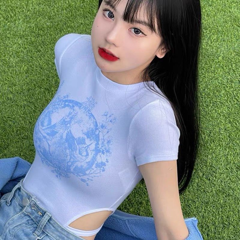 Áo Liền Thân Bodysuits Tay Ngắn Cổ Tròn In Hoạ Tiết Hở Eo Quyến Rũ A5274 | BigBuy360 - bigbuy360.vn