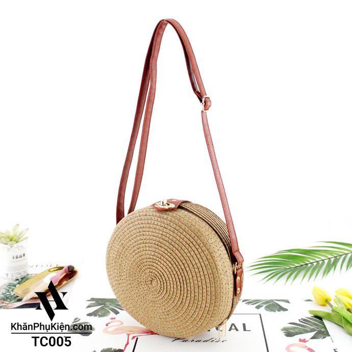 [NowShip - Giao Ngay] Túi Cói Boho Vintage Đeo Vai, Đeo Chéo Hình Tròn Dây Da Màu Nâu Be Trơn