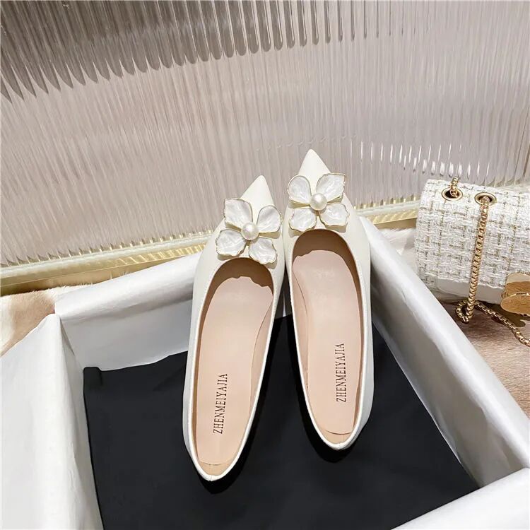 Giày Búp Bê Mũi Nhọn Đế Mềm Đính Ngọc Trai Giả Xinh Xắn Cho Nữ Size 33-44