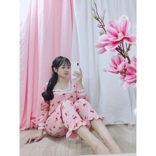 Đồ bộ tay dài cổ vuông ren