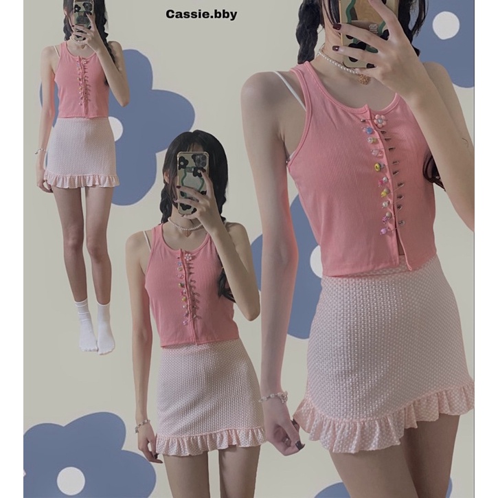 Áo croptop ba lỗ thun gân sát nách có ghim đính đá màu xanh hồng pastel