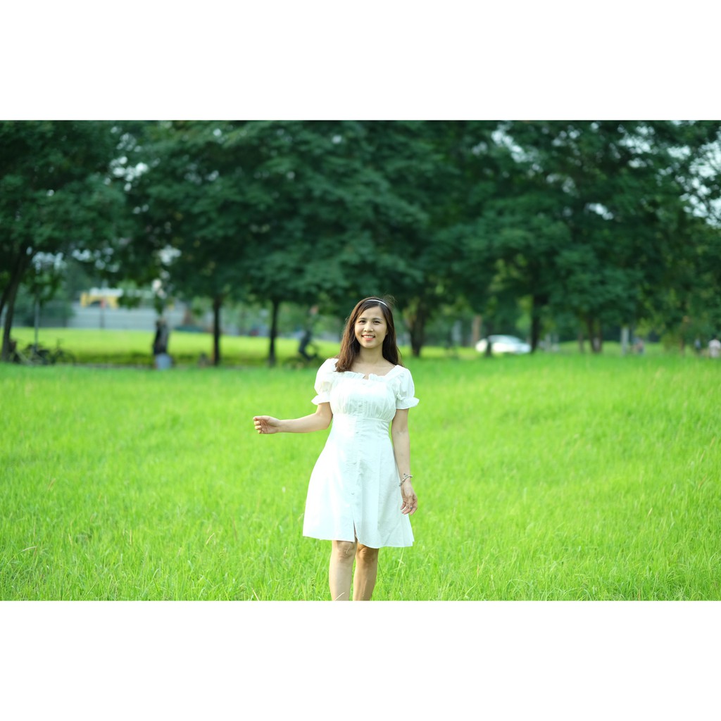 Váy Trắng kiểu váy tiểu thư trơn cúc bọc 2 màu đi tiệc đi chơi , biển kiểu Đầm cổ vuông | BigBuy360 - bigbuy360.vn