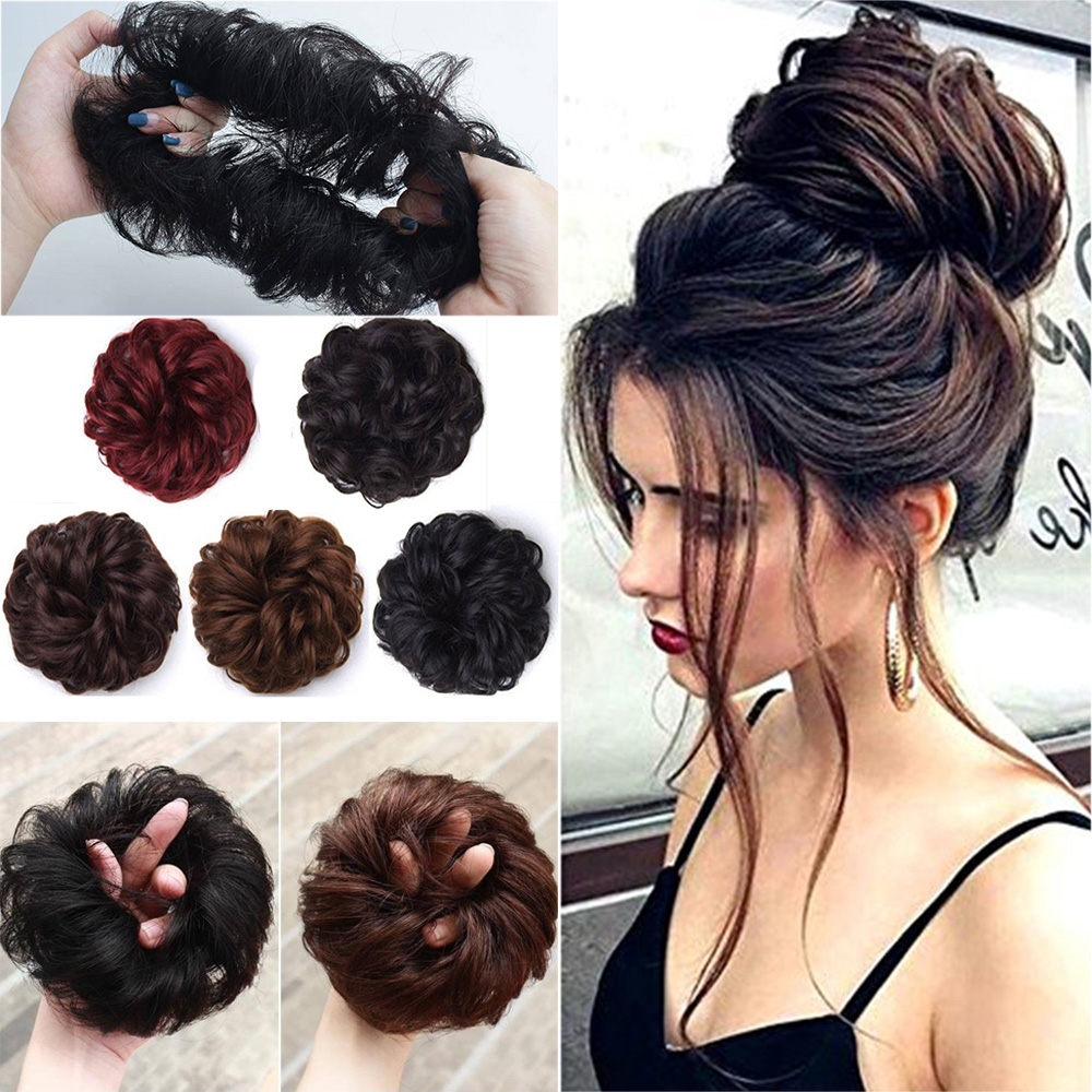 [COD] Women Messy Hair Donut Bun Brown Elastic Band Synthetic hair Rubber Band Hairpieces Black Natural Fake Hair Drawstring Curly Chignon/Multicolor