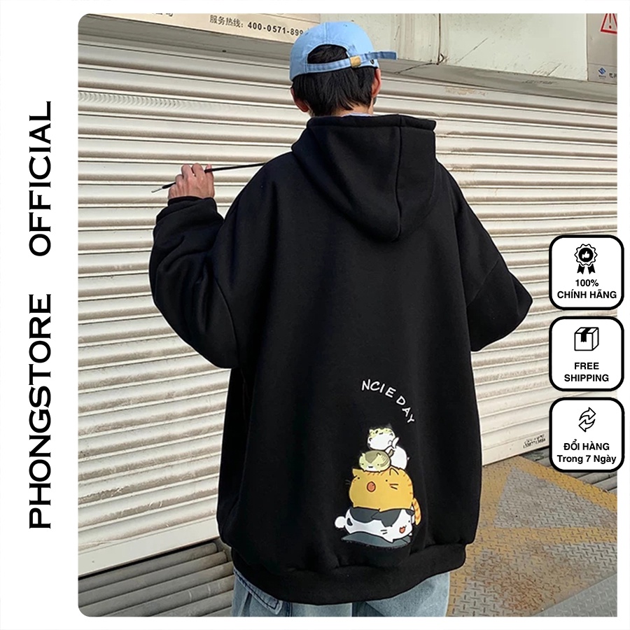 Áo mũ Hoodie Unisex 4 Mèo nằm Phong Boutique form rộng 4 màu nỉ bông cặp đôi nam nữ Oversize Ulzzang thu đông