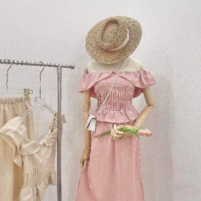 Set áo váy trễ vai tiểu thư 2 màu BCi