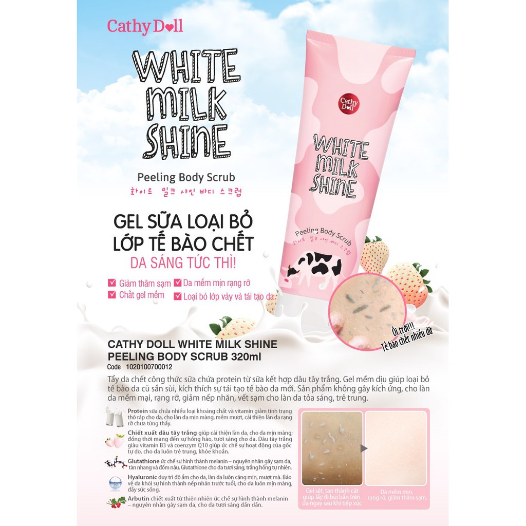 Tẩy tế bào chết body toàn thân Cathy Doll White Milk Shine Peeling Body Scrub mua tại store Thái (320ml)