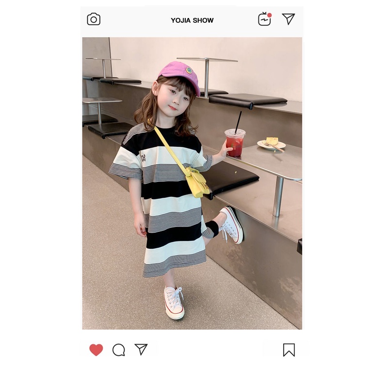 Đầm Thun Tay Ngắn Họa Tiết Kẻ Sọc Phong Cách Hàn Quốc Thời Trang Mùa Hè Xinh Xắn Cho Bé Gái