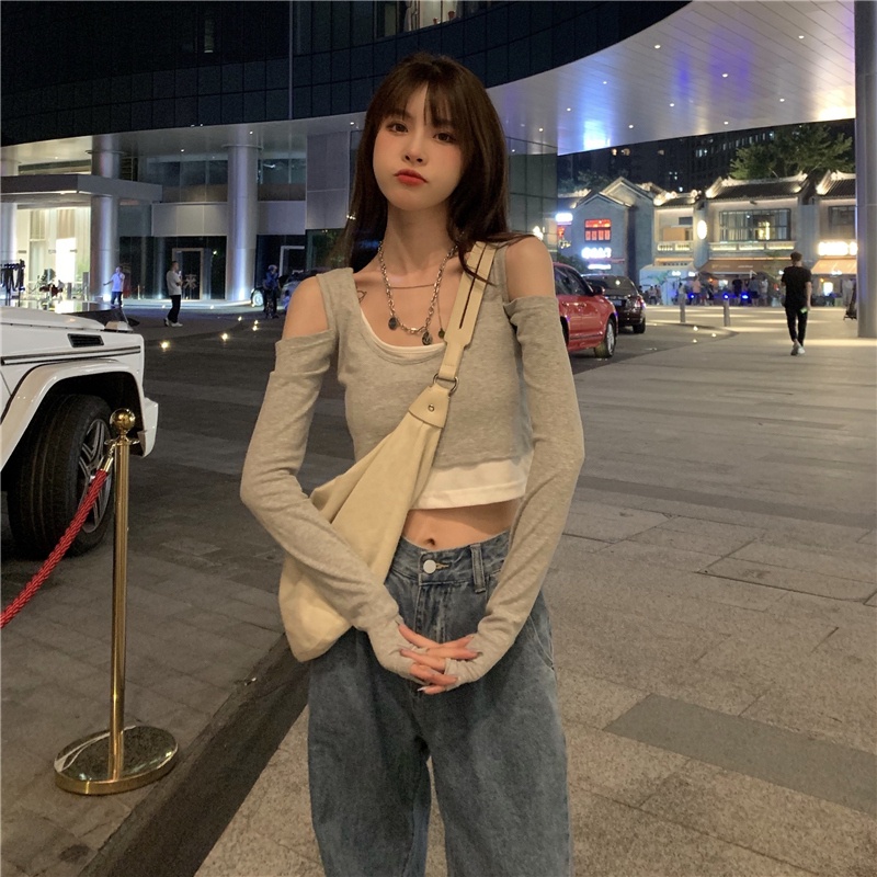 【ZHELIHANGFEI】Áo Thun Tay Dài Giả Hai Lớp Dáng Ôm Hở Eo Phong Cách Quyến Rũ