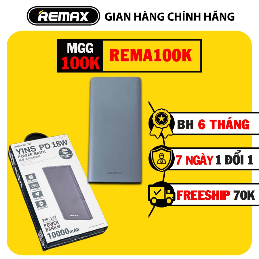 Sạc dự phòng Remax WK WP-147 10000mAh hỗ trợ sạc nhanh PD 18W