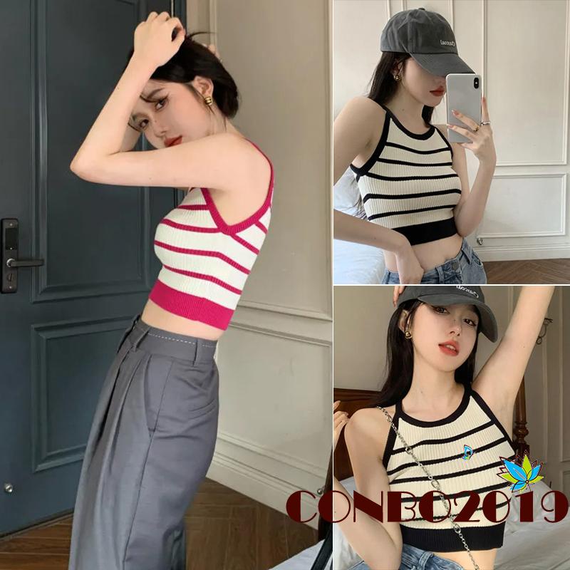 Áo Croptop Dệt Kim Không Tay Cổ Tròn Họa Tiết Kẻ Sọc Vintage Cho Nữ