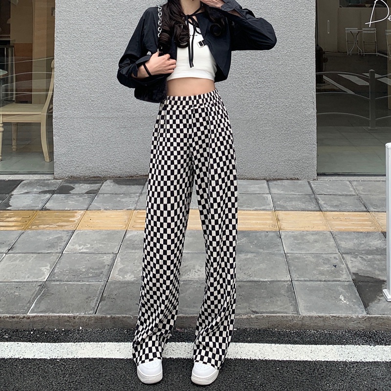 SUXI Quần ống rộng Họa Tiết Sọc Caro Phong Cách Retro Hàn Quốc Thời Trang Cho Nữ