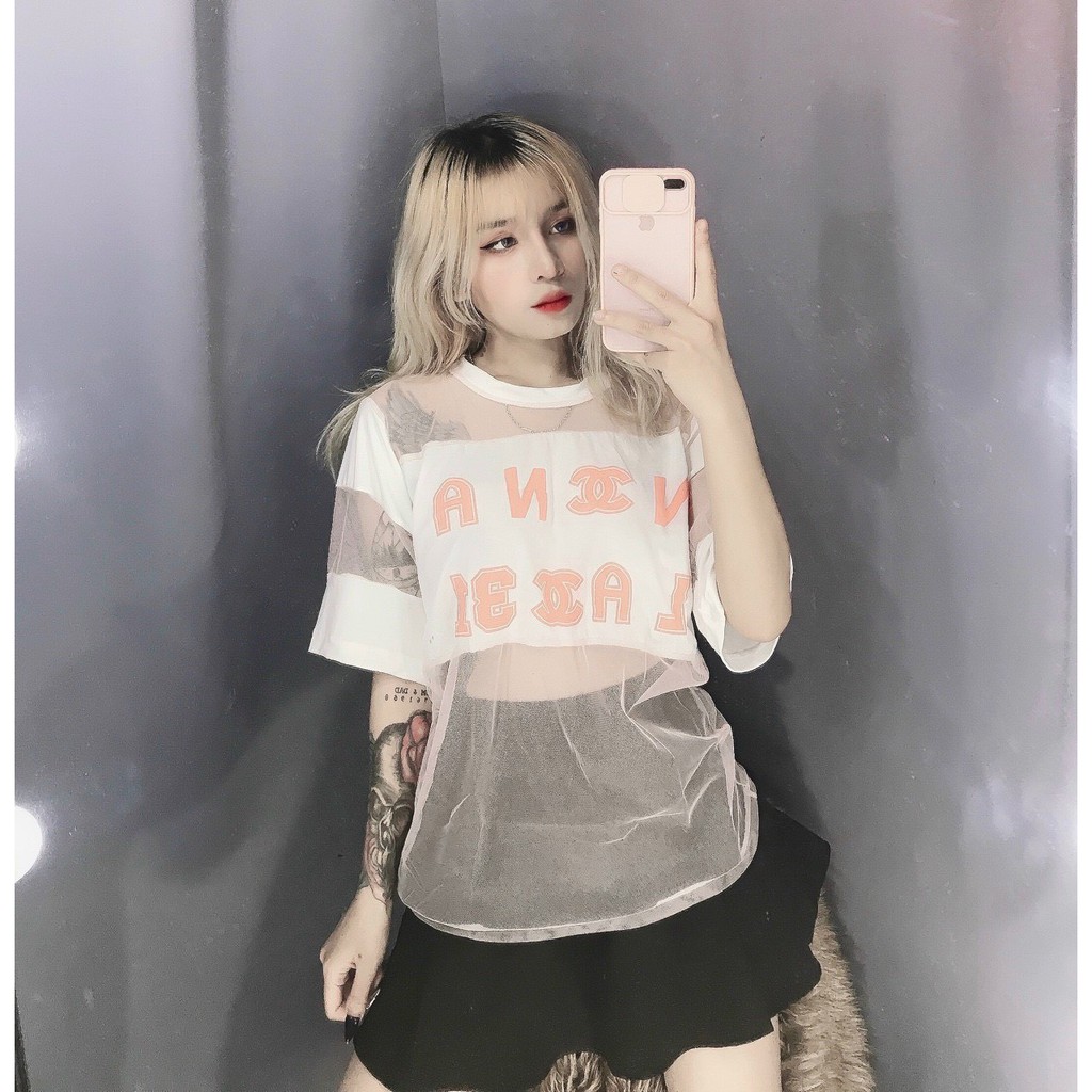 Áo lưới form rộng in chữ hiệu to trước cực xinh , chất lưới có kèm lót trong mềm mịn