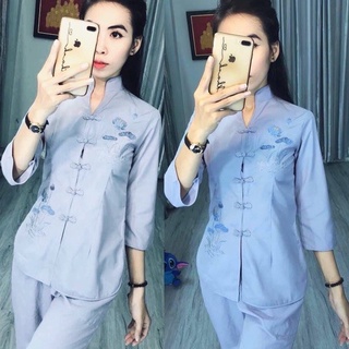 ĐỒ LAM ĐI CHÙA  Sẩm Tàu Trang Nhã thêu hoa sen vải kate mềm
