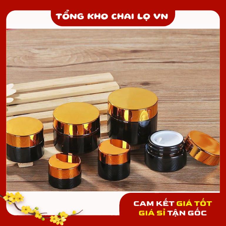 Hủ Đựng Kem ❤ SIÊU RẺ ❤ Hũ Đựng Kem Thủy Tinh Nâu 5g,10g Nắp Vàng , Bạc chiết mỹ phẩm , phụ kiện du lịch