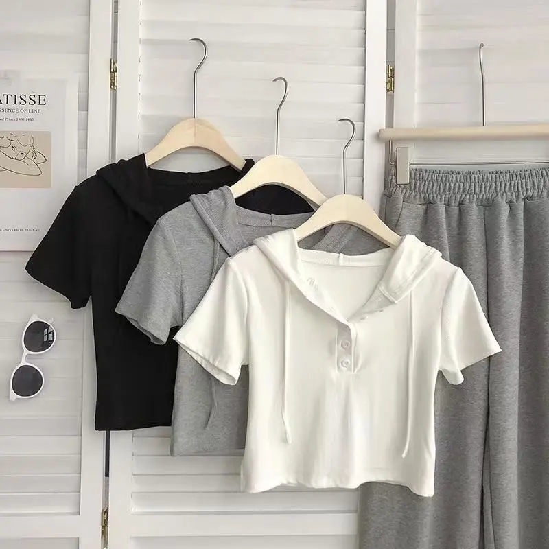 Áo Thun Tay Ngắn Có Mũ Trùm Đầu Màu Sắc Đơn Giản Thời Trang Mùa Hè Dành Cho Nữ