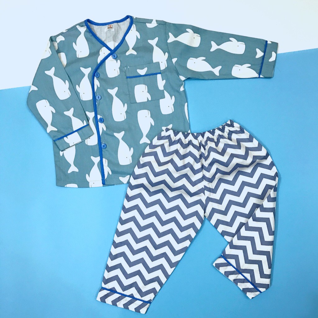 Pijama Cho Bé dài tay vải cotton hút mồ hôi - Cá voi xanh 10-45kg