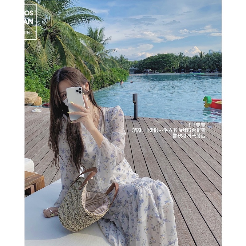 Váy voan hoa trắng xanh MORAN phối bèo ống tay rộng xòe đuôi cá điệu đà bánh bèo
