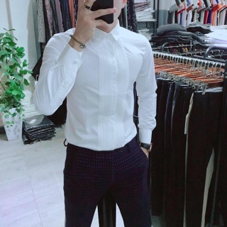 Sơ mi nam trắng xếp ly ngực cao cấp
