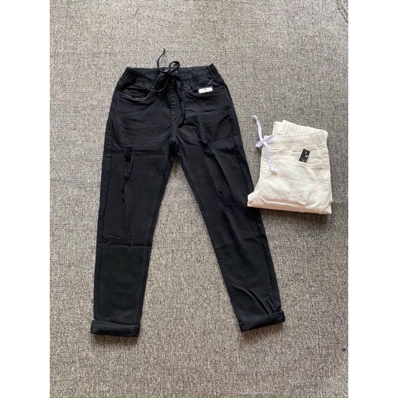 QUẦN JEANS NỮ BAGGY LƯNG THUN RÁCH HAI MÀU TRẮNG -ĐEN C-Anh