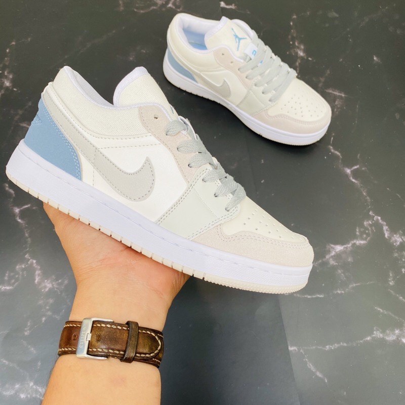 Giày Jordan Cổ Thấp Paris Màu Xám Gót Xanh Nam Nữ, Giày Jordan 1 Low paris Xám Nhạt Bản Đặc Biệt